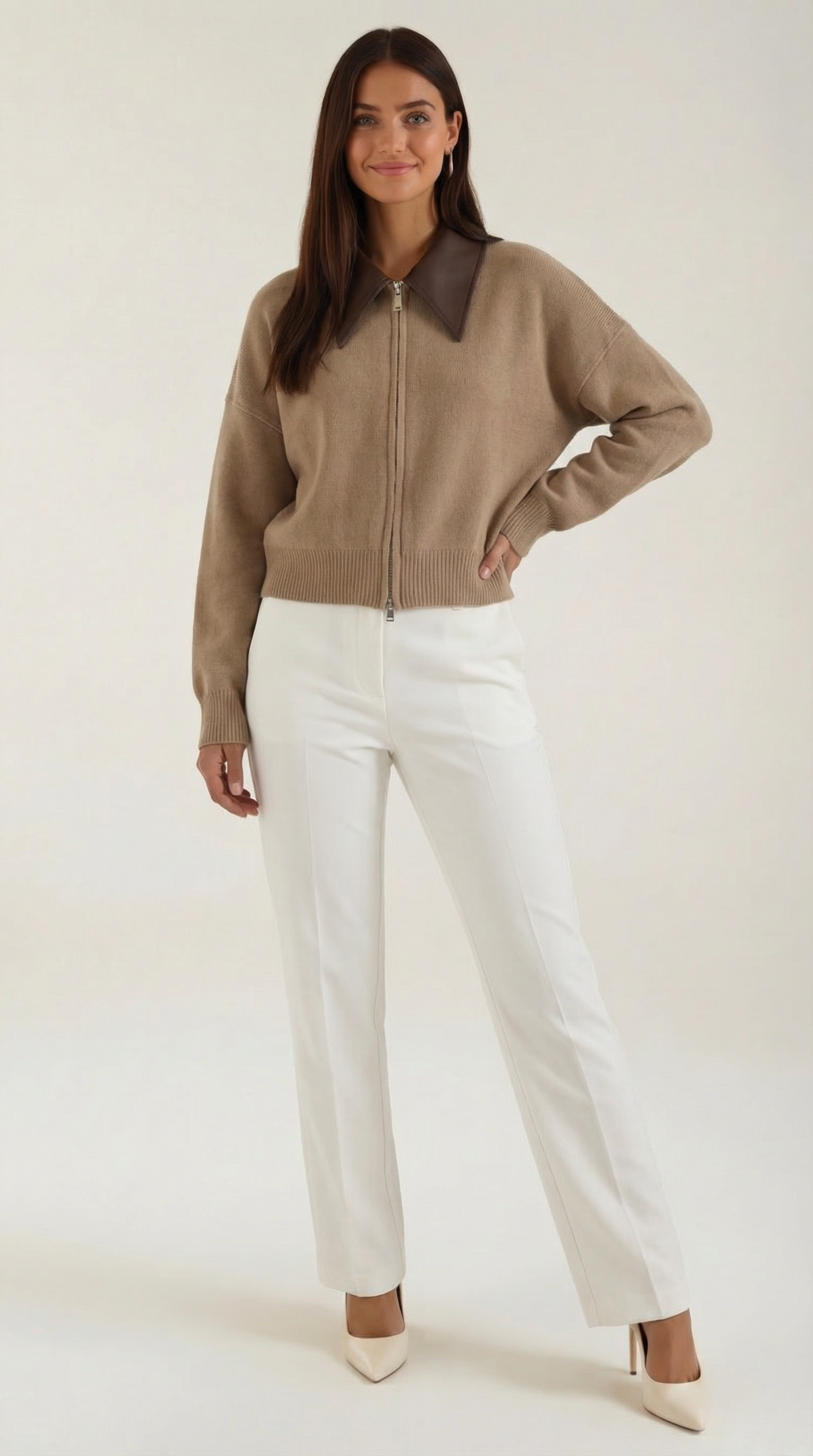 Kurze Strickjacke Damen Kragen Braun - BerlinGlamour