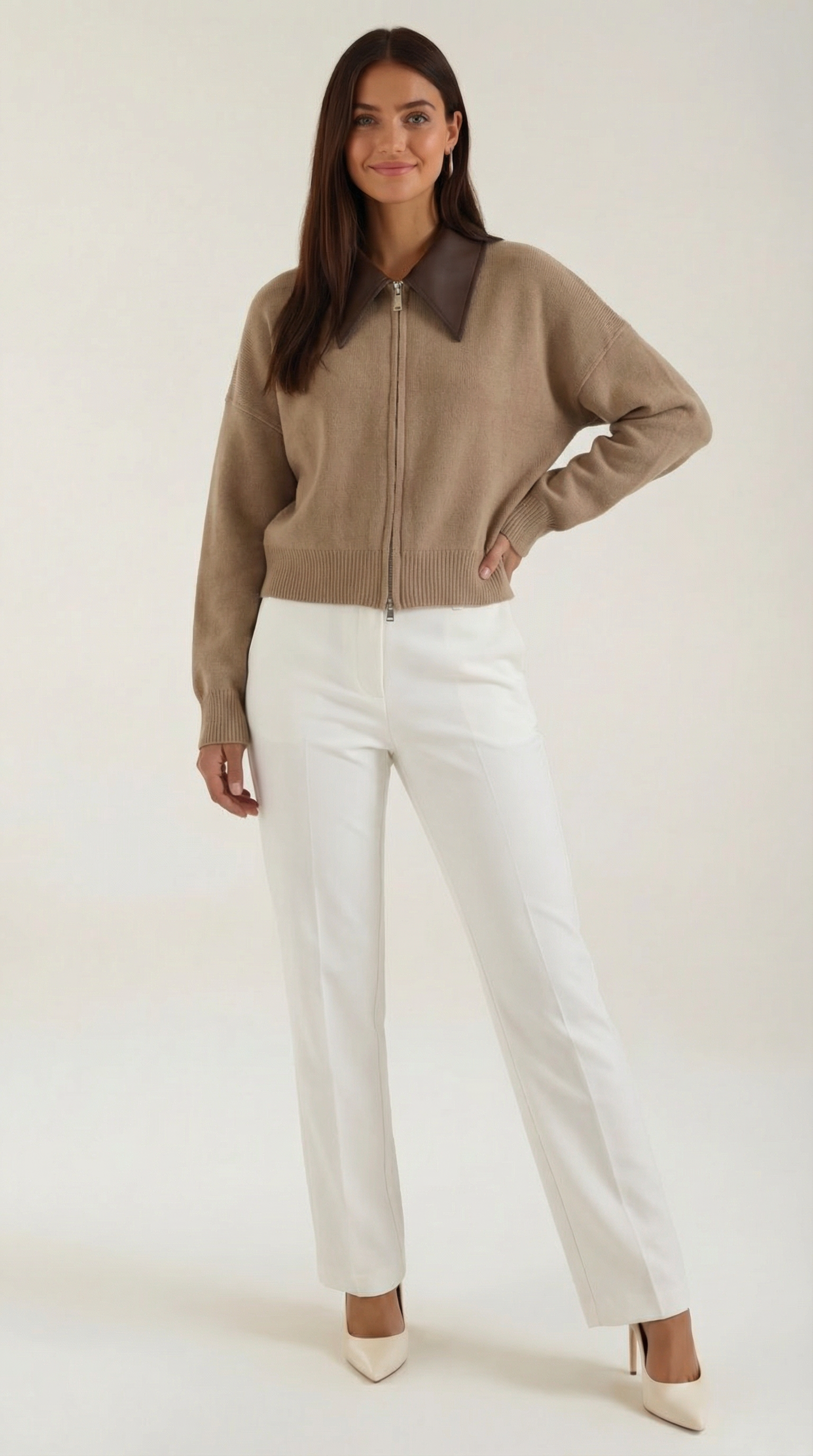 Kurze Strickjacke Damen Kragen Braun - BerlinGlamour