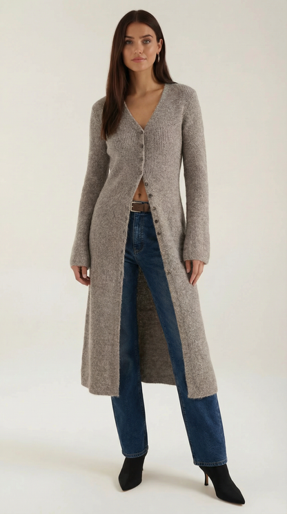 Gerippter Maxi Cardigan Damen V Ausschnitt Groß - BerlinGlamour