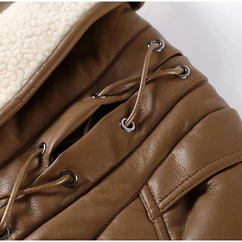 Vegane Damen Shearling Jacke Braun mit Gürtel