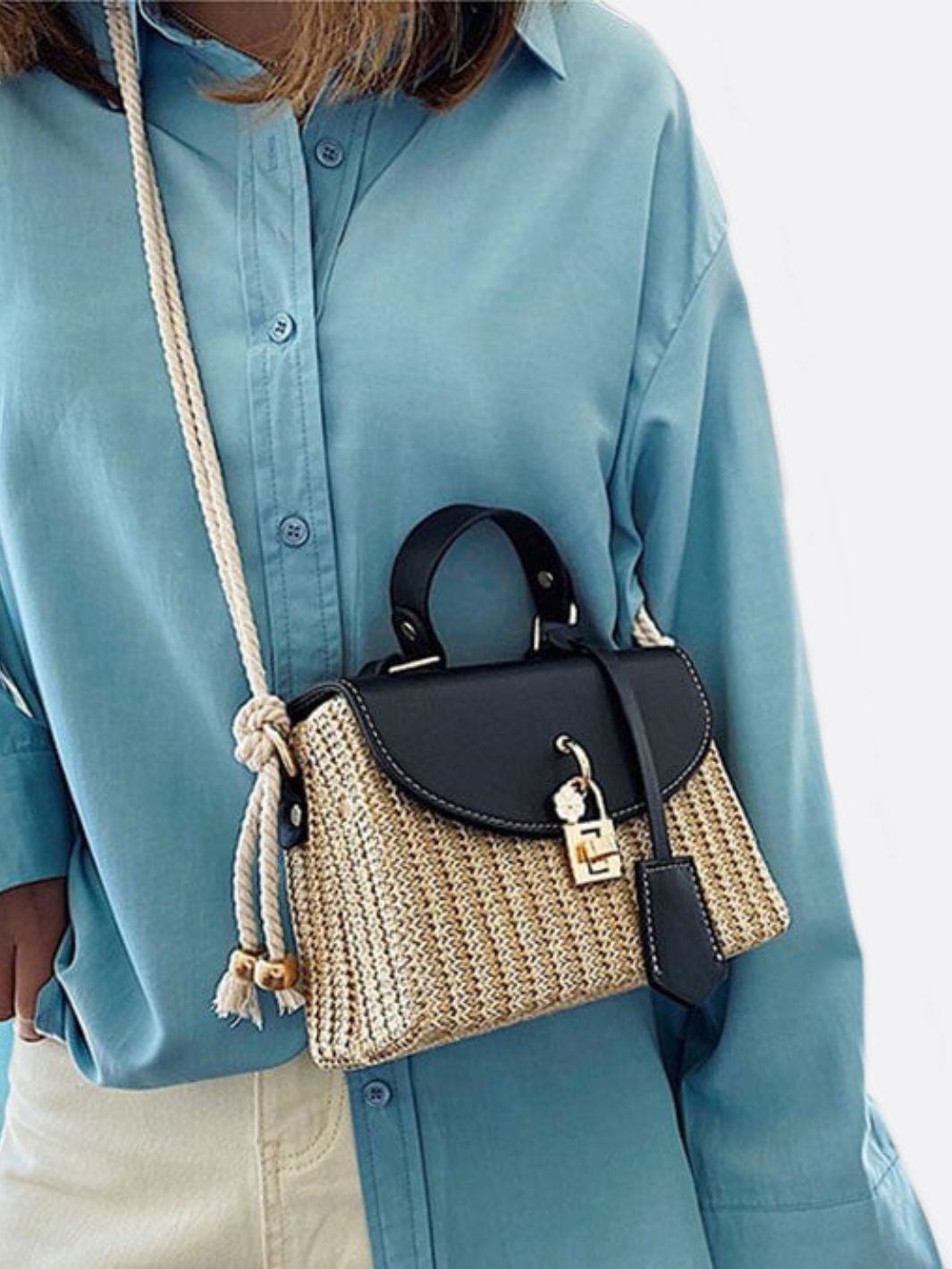 Kleine Damen Strohtasche Sommer Schwarz