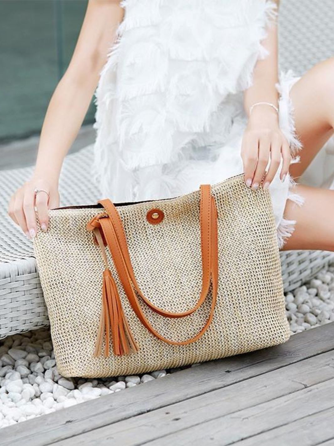 Große Strohtasche mit langen Henkeln Sommer Shopper Natur