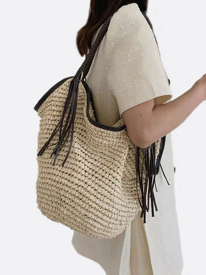 Strohtasche Damen Boho Sommer mit Lederriemen und Fransen