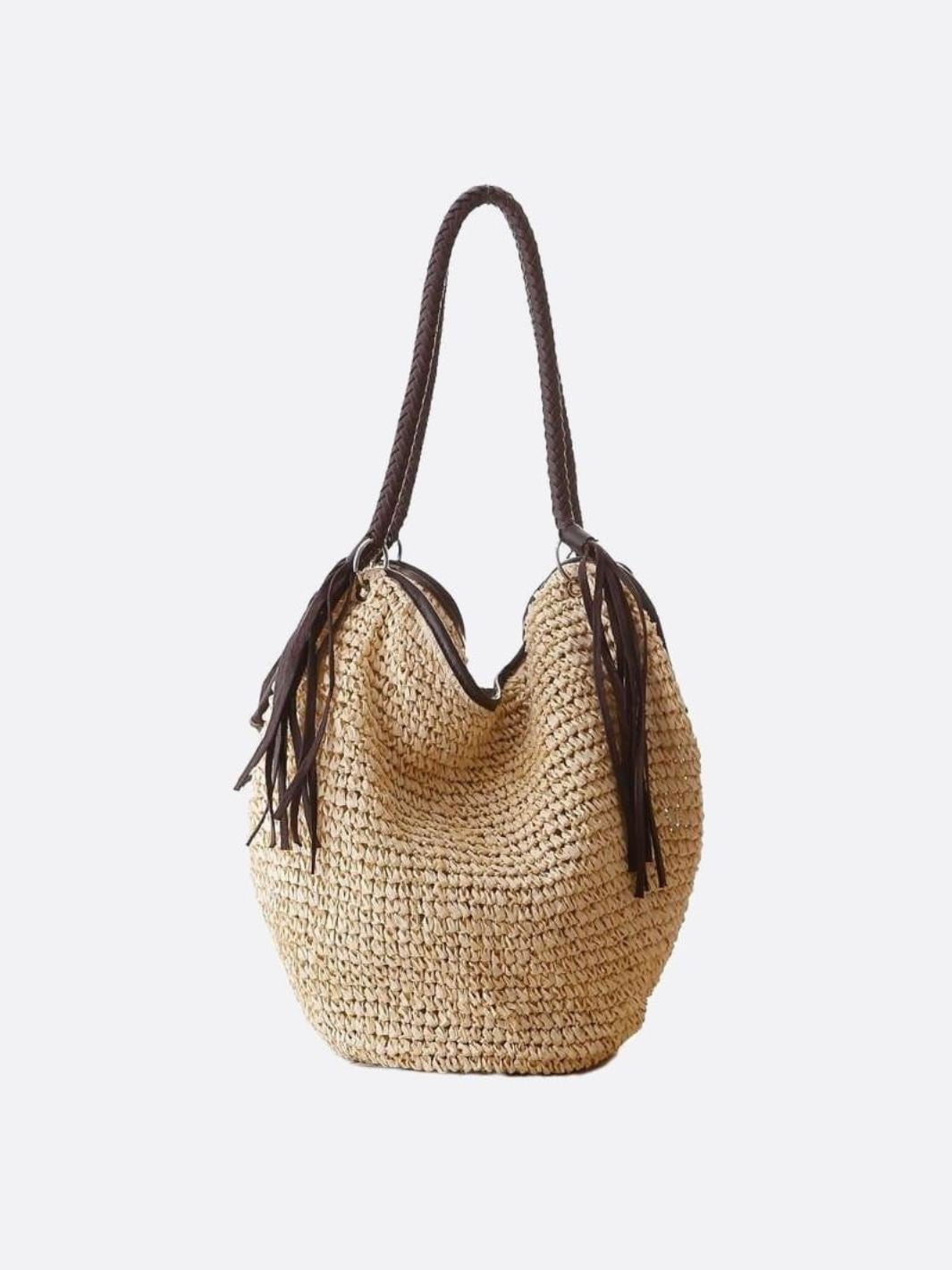 Strohtasche Damen Boho Sommer mit Lederriemen und Fransen - BerlinGlamour
