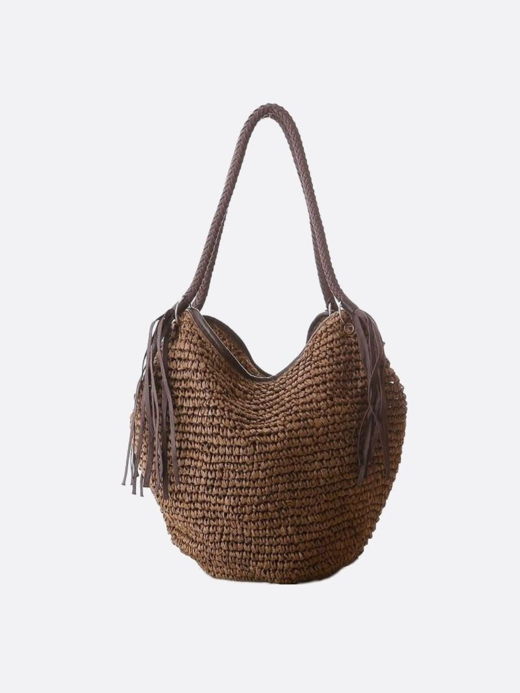 Strohtasche Damen Boho Sommer mit Lederriemen und Fransen