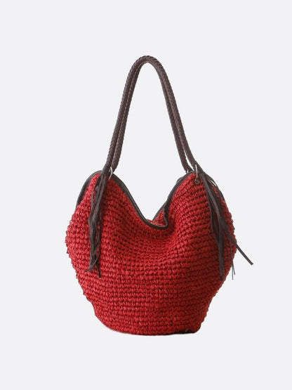 Strohtasche Damen Boho Sommer mit Lederriemen und Fransen