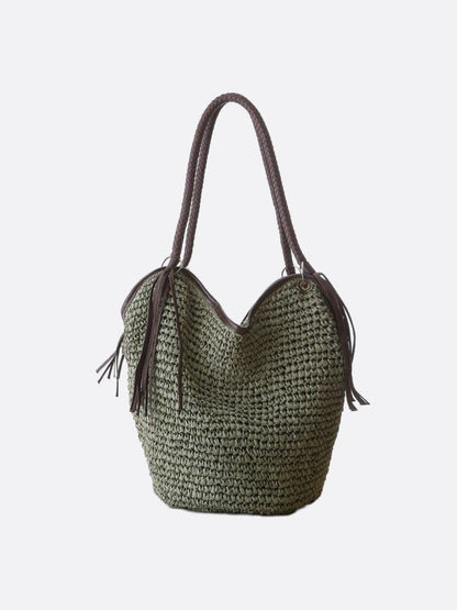 Strohtasche Damen Boho Sommer mit Lederriemen und Fransen