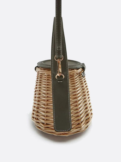 Runde Rattan-Handtasche mit Kunstledergriff Schulterriemen