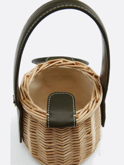 Runde Rattan-Handtasche mit Kunstledergriff Schulterriemen