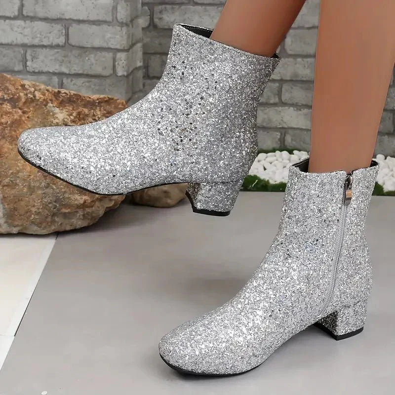 Glitzernde Party Stiefeletten Pailletten Schuhe Blockabsatz