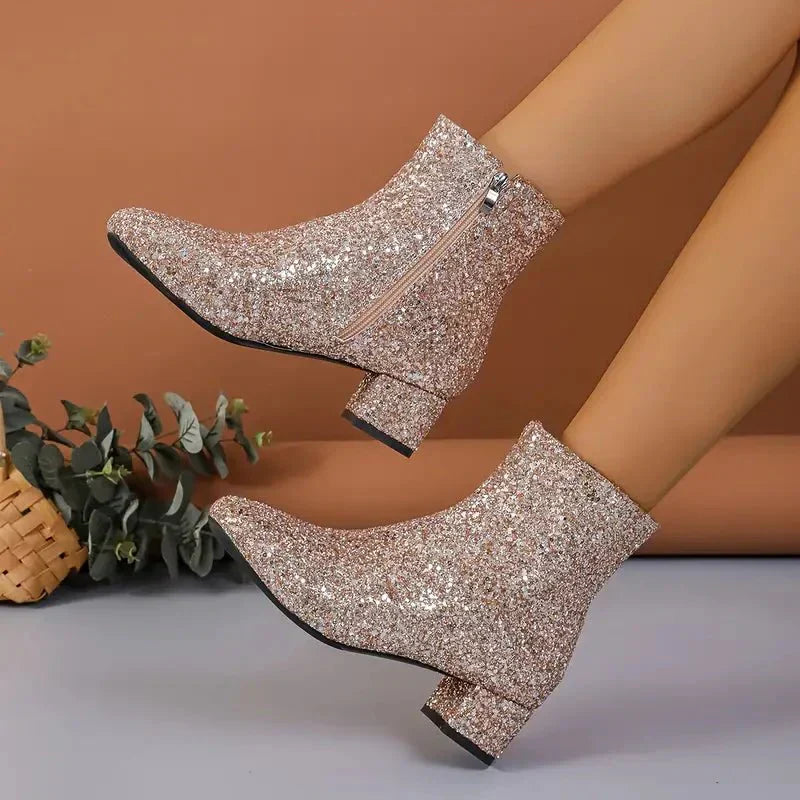 Glitzernde Party Stiefeletten Pailletten Schuhe Blockabsatz