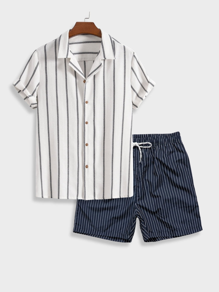 Herren Sommer Set Gestreift Hemd & Shorts Maritim