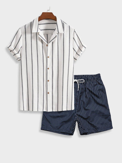Herren Sommer Set Gestreift Hemd & Shorts Maritim