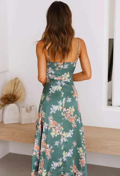 Sommerkleid Satin Blumenmuster Cut-Out Spitzen