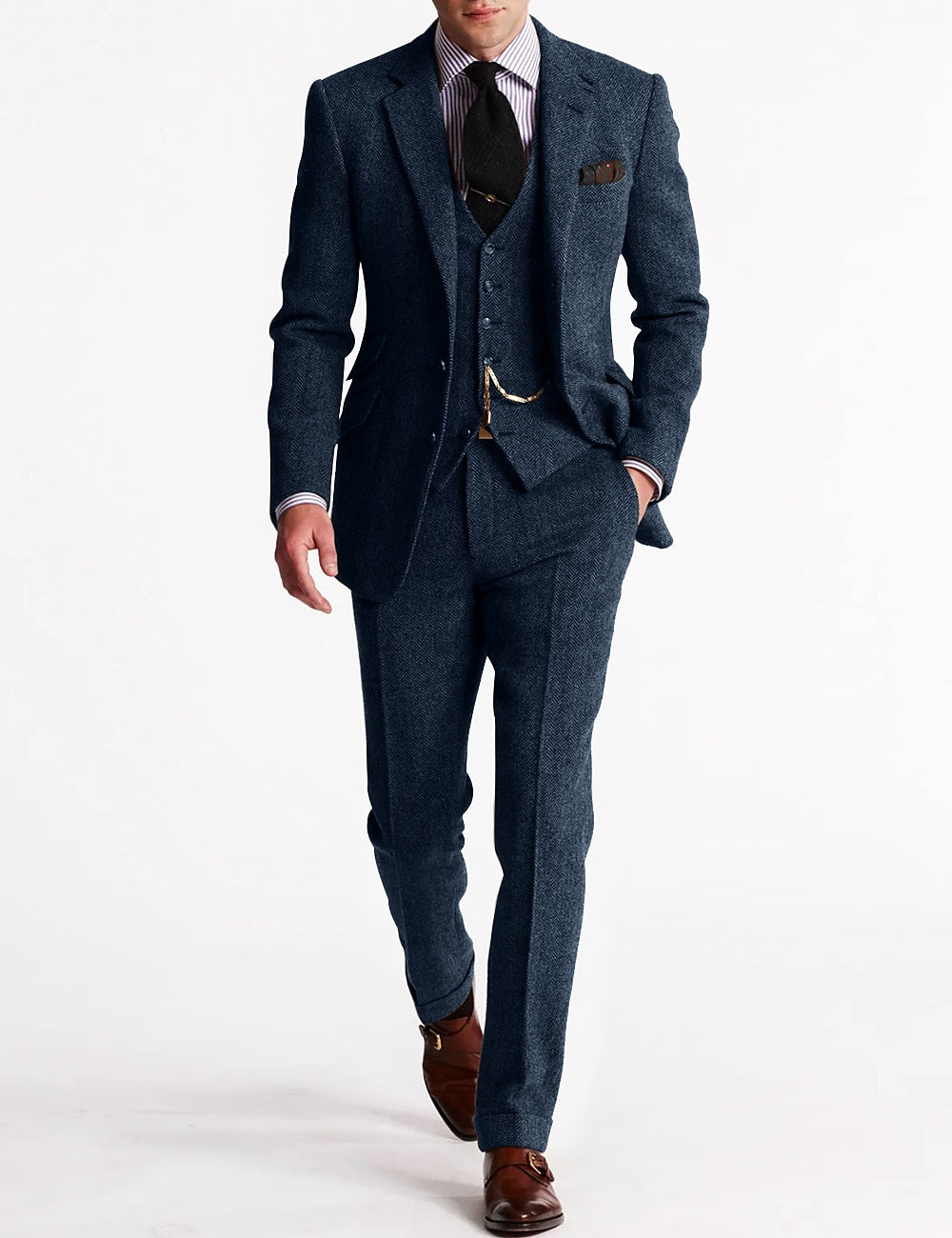 Herrenanzug Klassisch Dreiteilig Tweed Schwarz