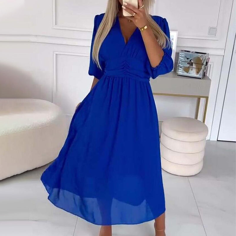 Damen Leichte Chiffon Sommerkleider V-Ausschnitt Modern