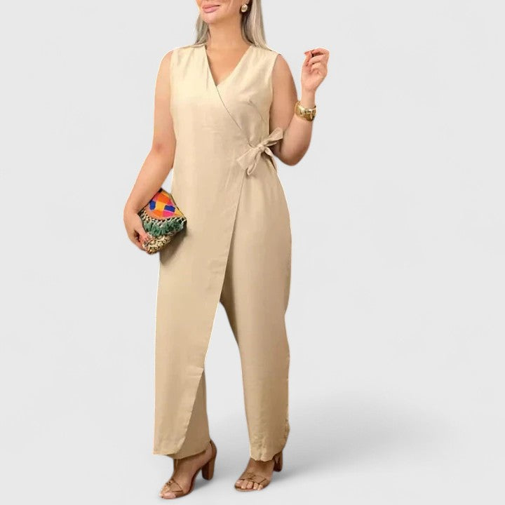 Damen Jumpsuit Ärmellos Wickeloptik mit Gürtel