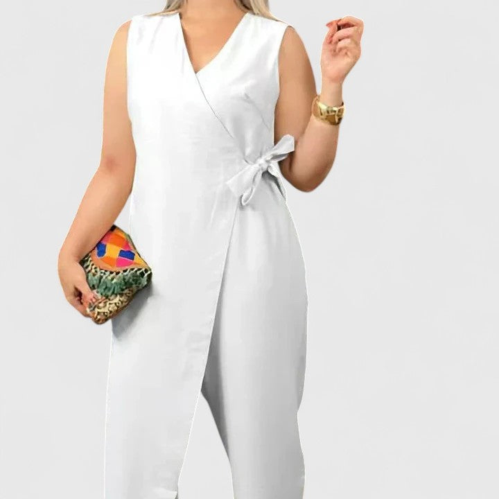 Damen Jumpsuit Ärmellos Wickeloptik mit Gürtel