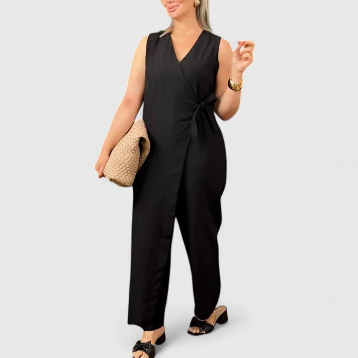 Damen Jumpsuit Ärmellos Wickeloptik mit Gürtel
