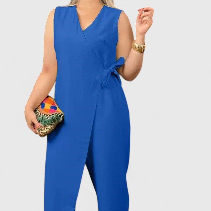Damen Jumpsuit Ärmellos Wickeloptik mit Gürtel