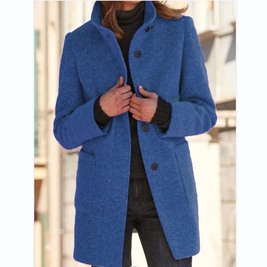 Grauer Wollmantel Damen Warm mit Taschen und Hochkragen