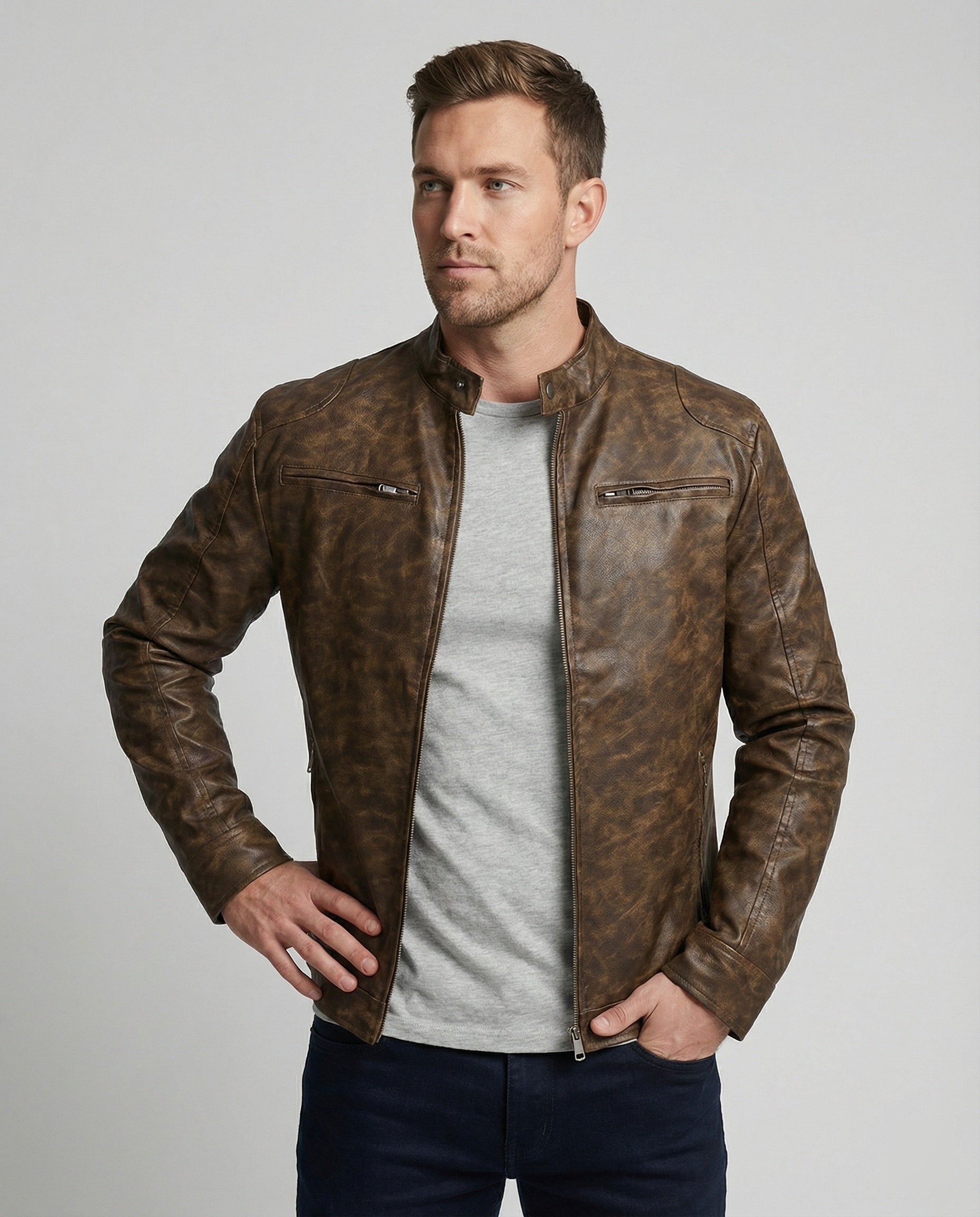 Herren Lederjacke Asymmetrisch Vintage Style - BerlinGlamour