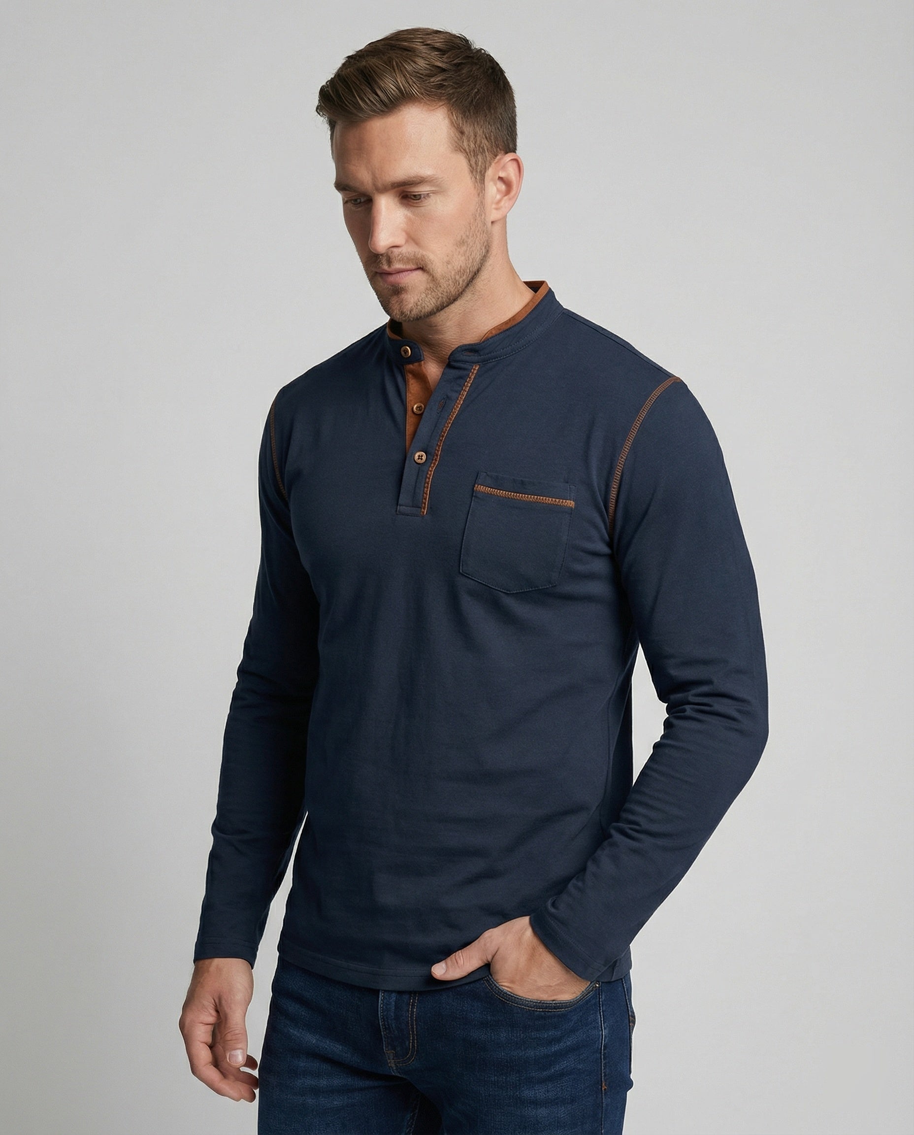 Herren Langarmshirt Henley Style Baumwolle - BerlinGlamour