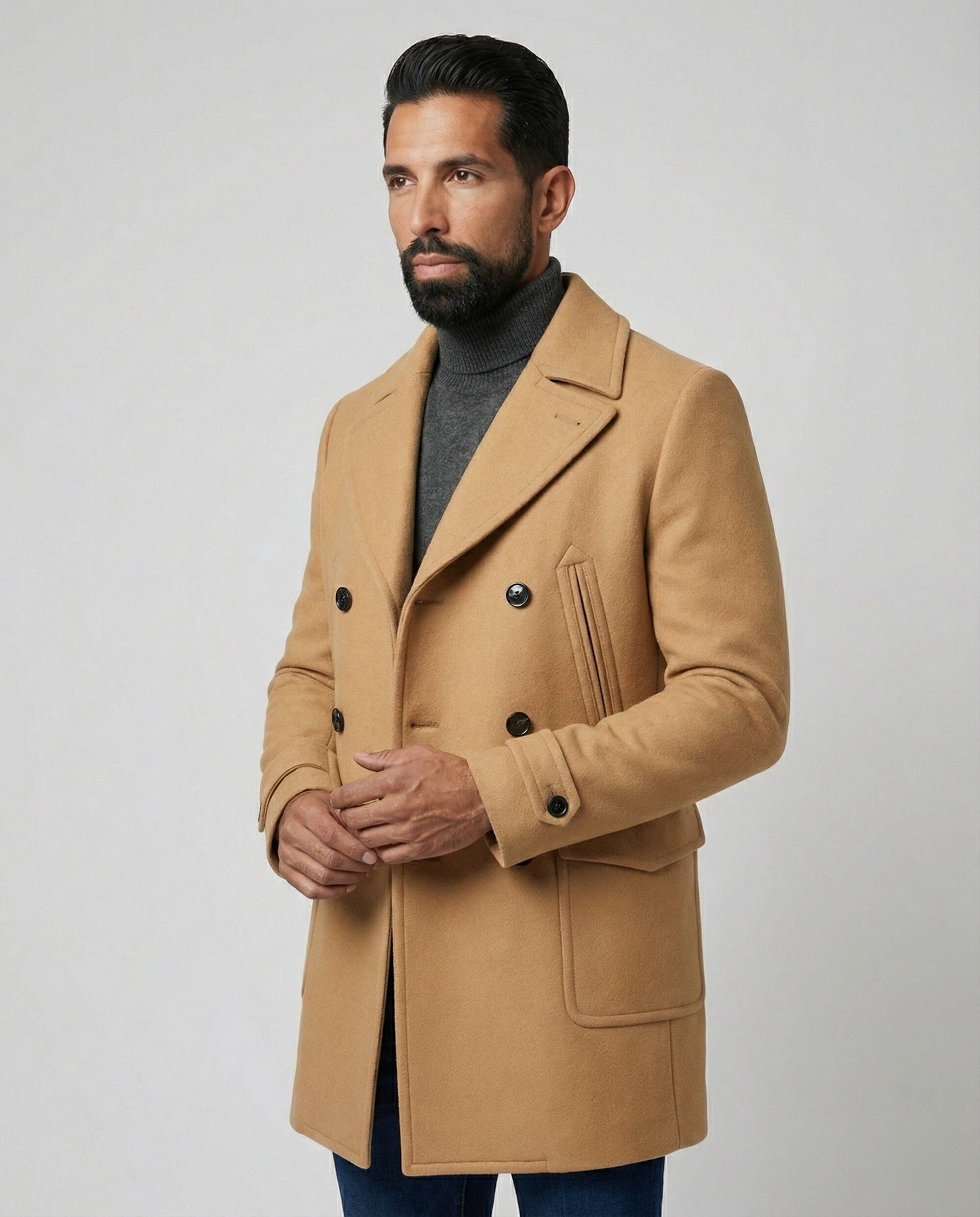 Herren Wollmantel Eleganter Doppelknopf Mantel Lang
