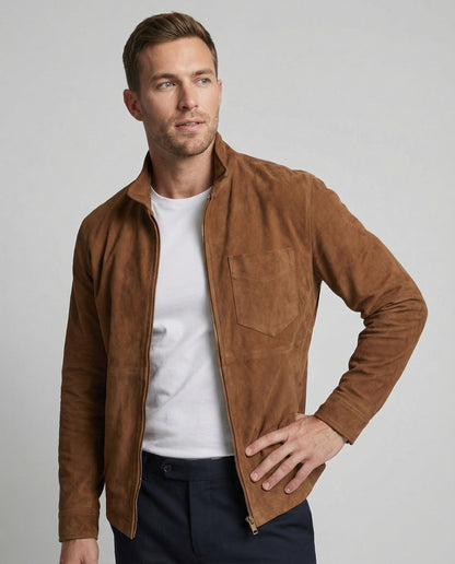 Herren Lederjacke Wildleder Stehkragen Elegant - BerlinGlamour