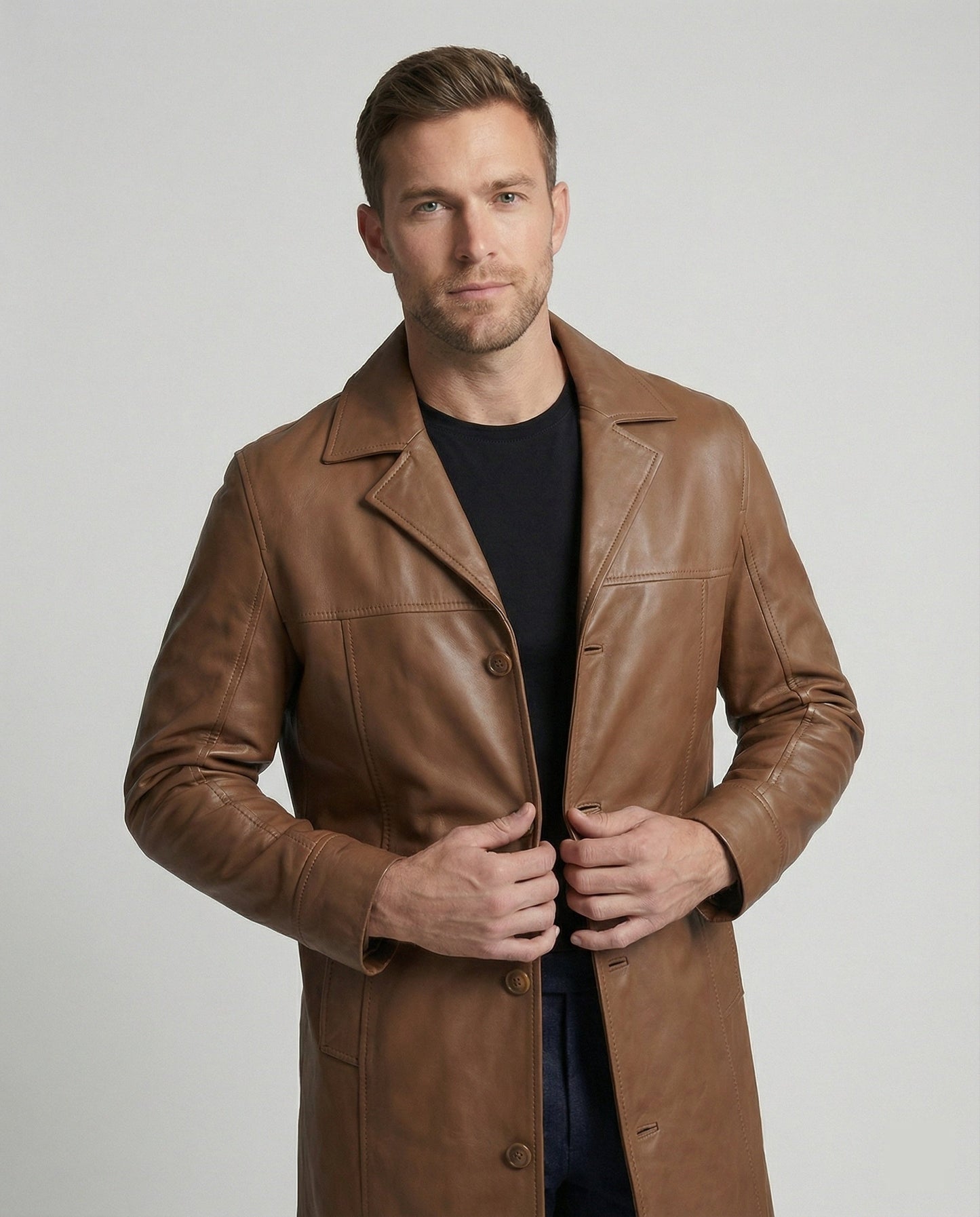 Herren Wintermantel Kunstleder Schwarz Warm