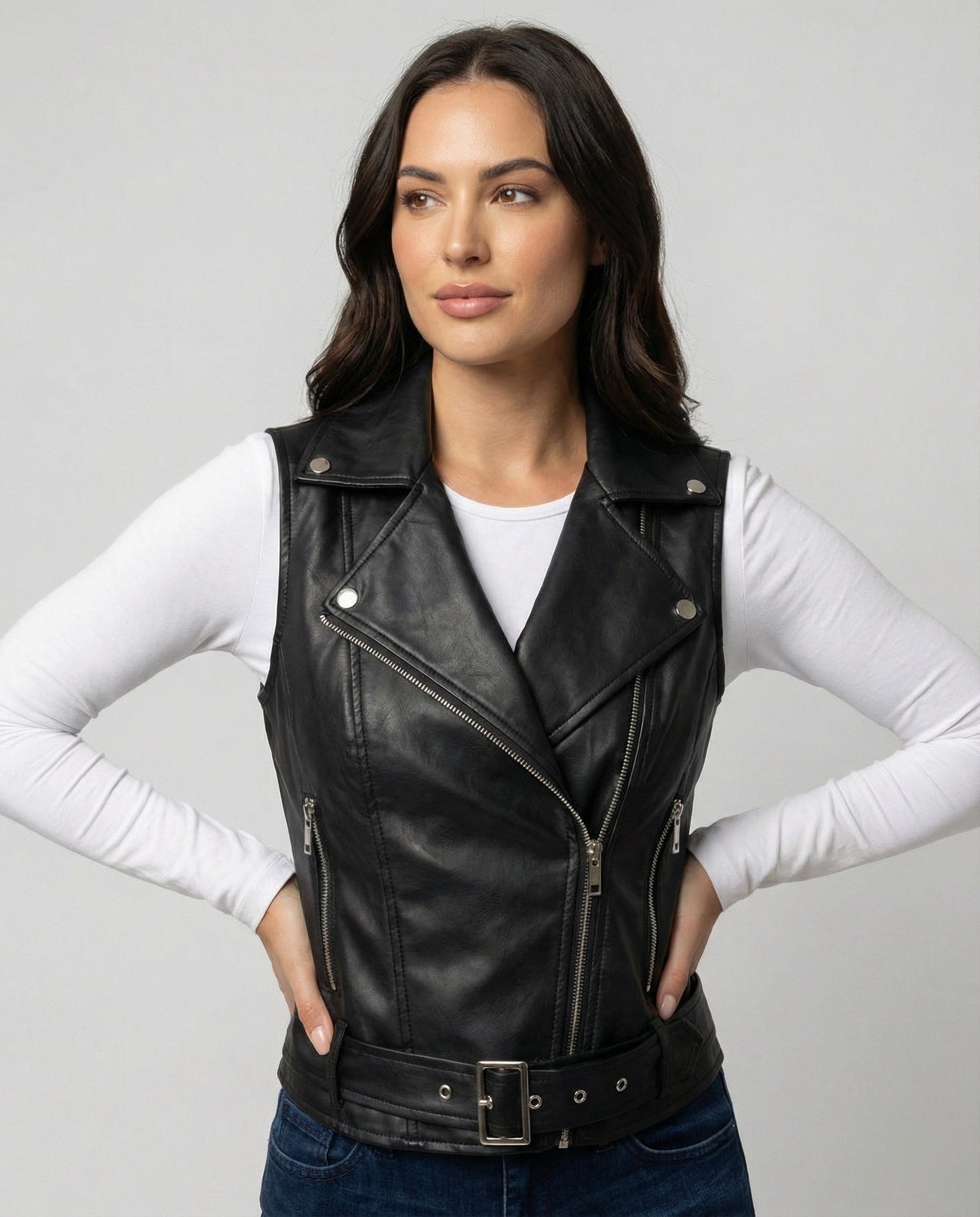 Leder Bikerjacke Damen Gürtel Schwarz Lederoptik - BerlinGlamour