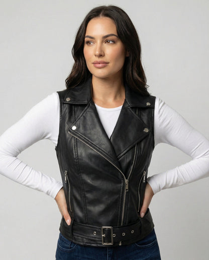 Leder Bikerjacke Damen Gürtel Schwarz Lederoptik - BerlinGlamour