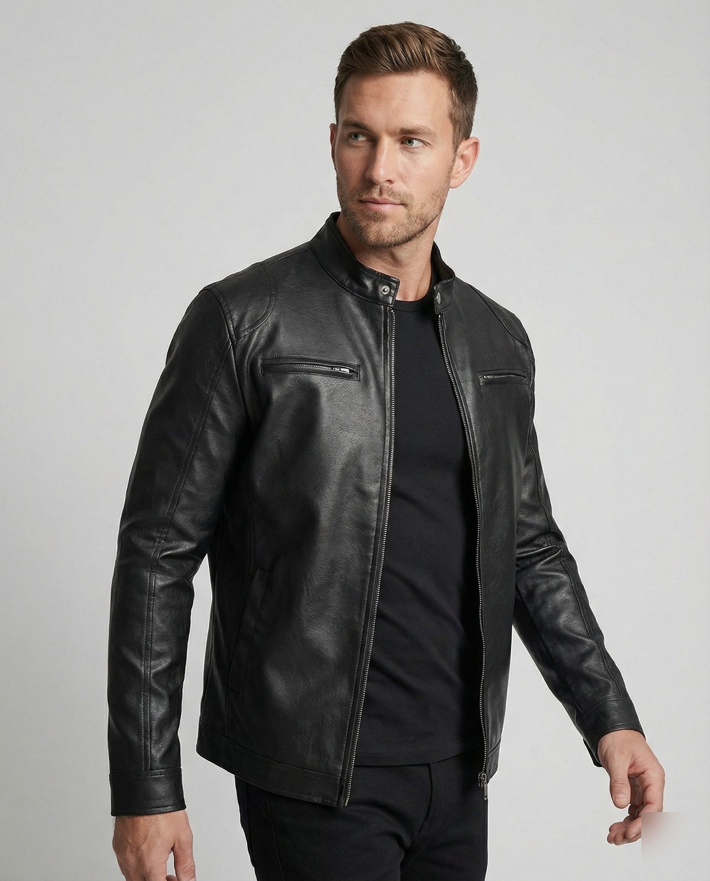 Herren Kunstlederjacke Elegant Schwarz mit Steppdetail - BerlinGlamour