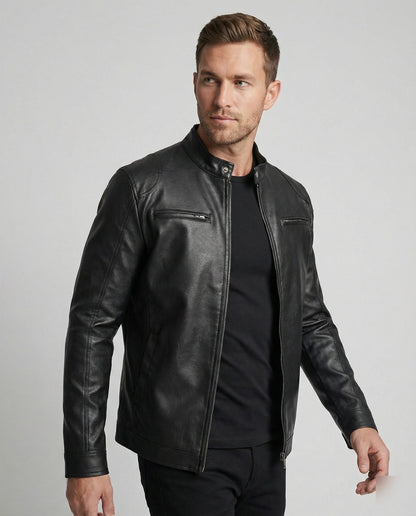 Herren Kunstlederjacke Elegant Schwarz mit Steppdetail - BerlinGlamour