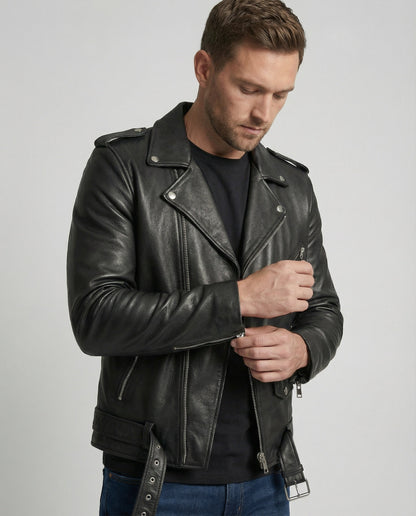 Lederjacke Herren Bikerstil mit Reißverschluss