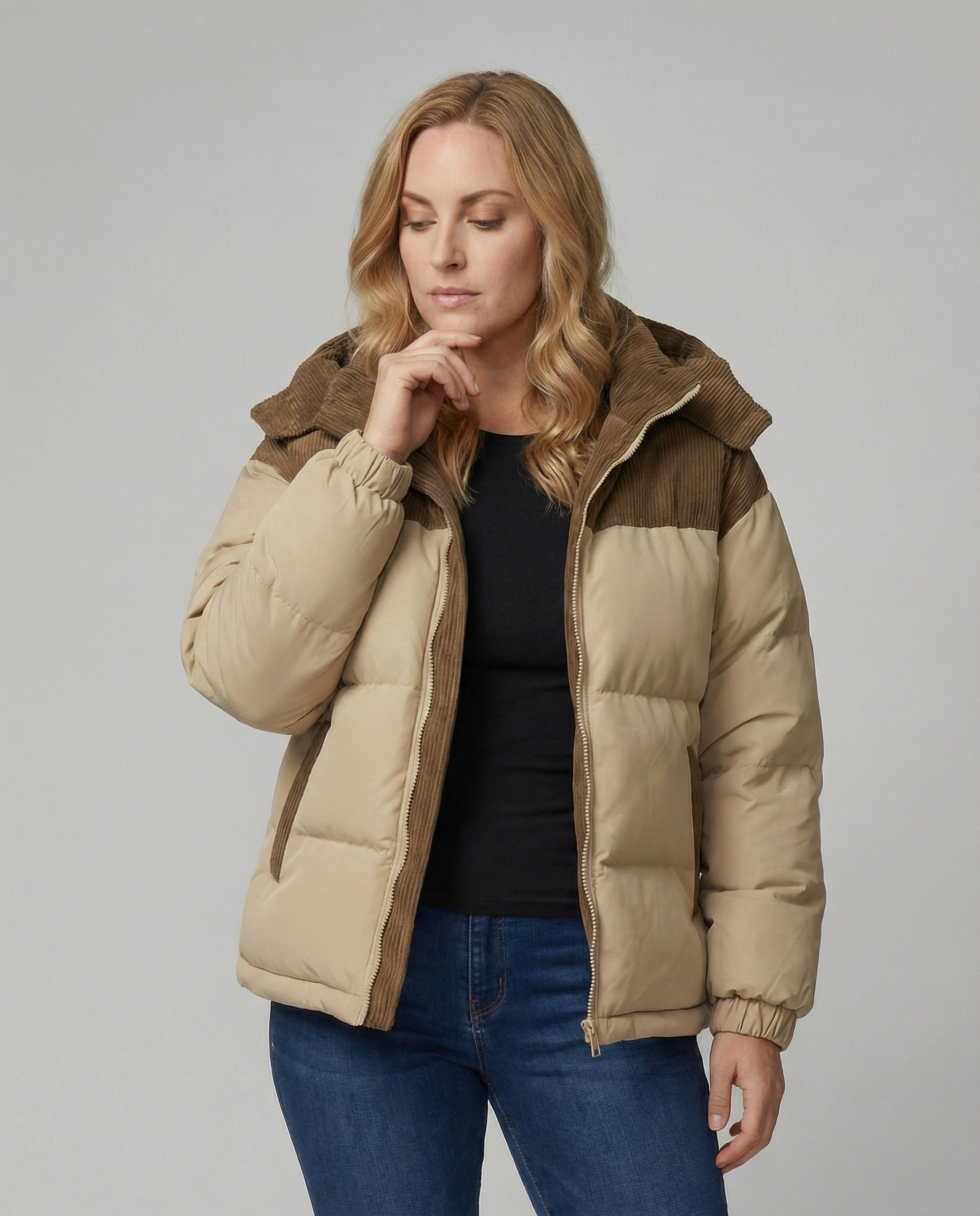 Modische Kapuzenjacke Puff Ärmel Farbblock Design - BerlinGlamour