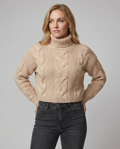 Damen Oversized Pullover Großzügig Zopfmuster Hochkragen - BerlinGlamour