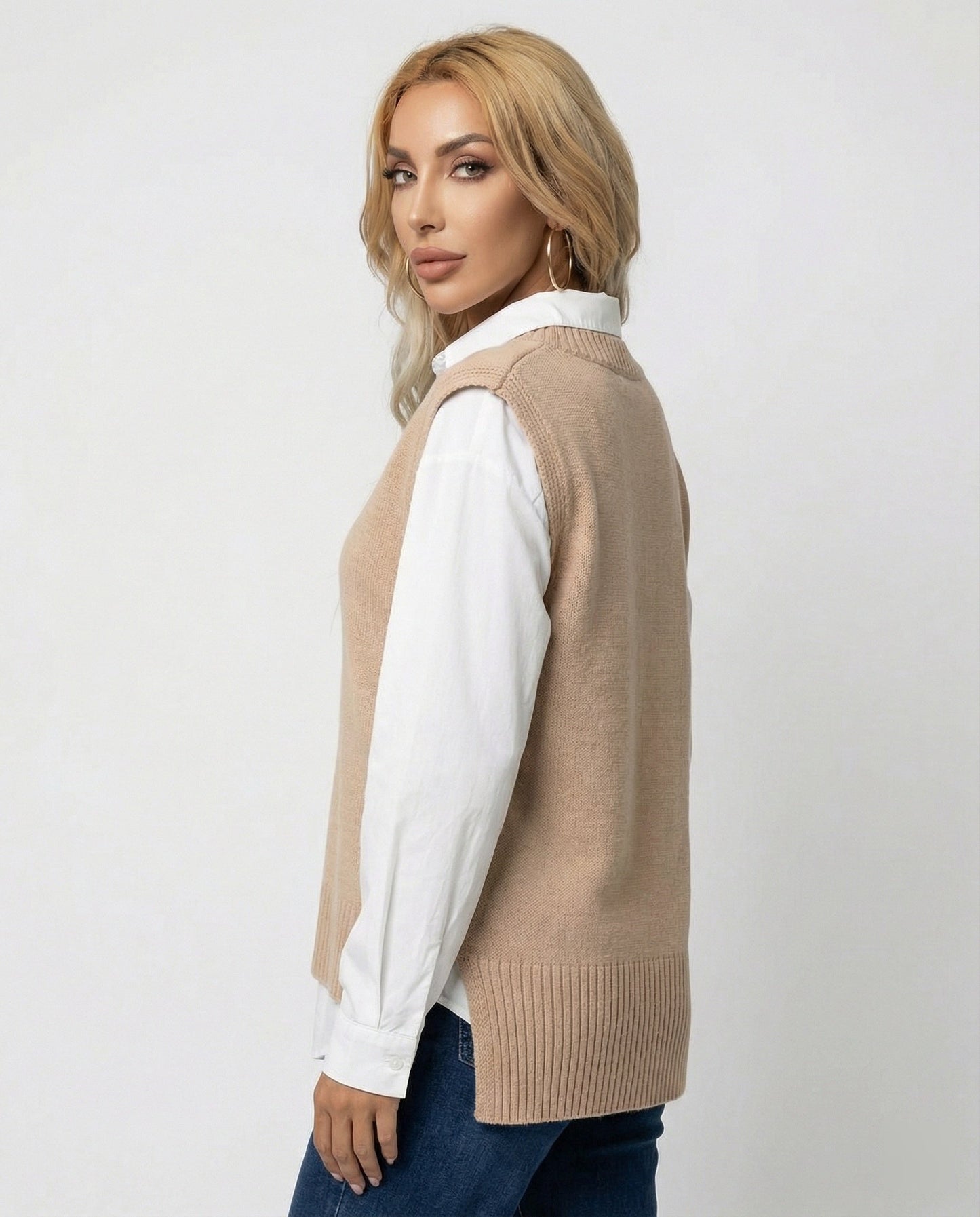 Damen Strickweste V-Ausschnitt Rippmuster Modern