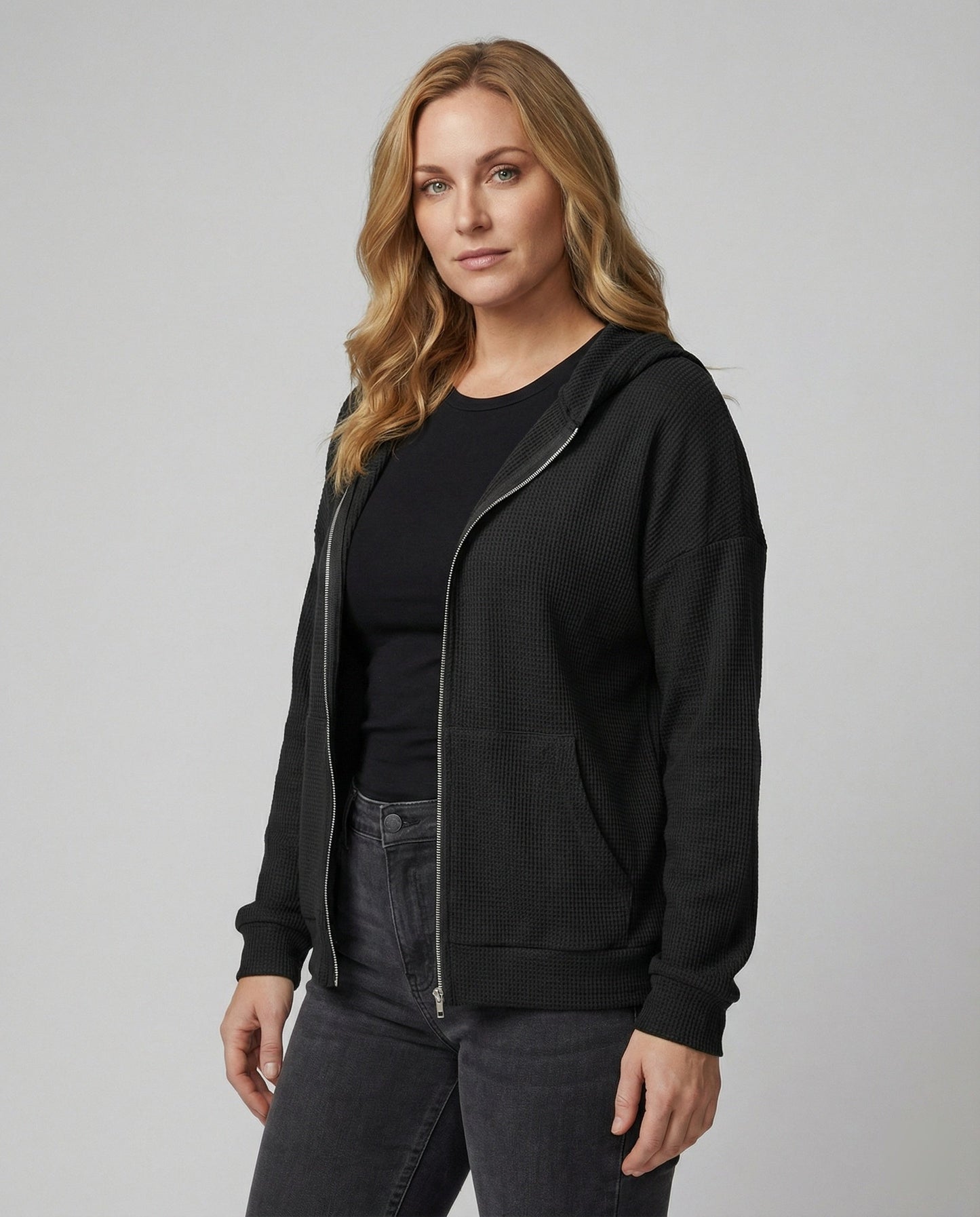 Damen Hoodie Jacke Lässig Waffle Mit Reißverschluss - BerlinGlamour