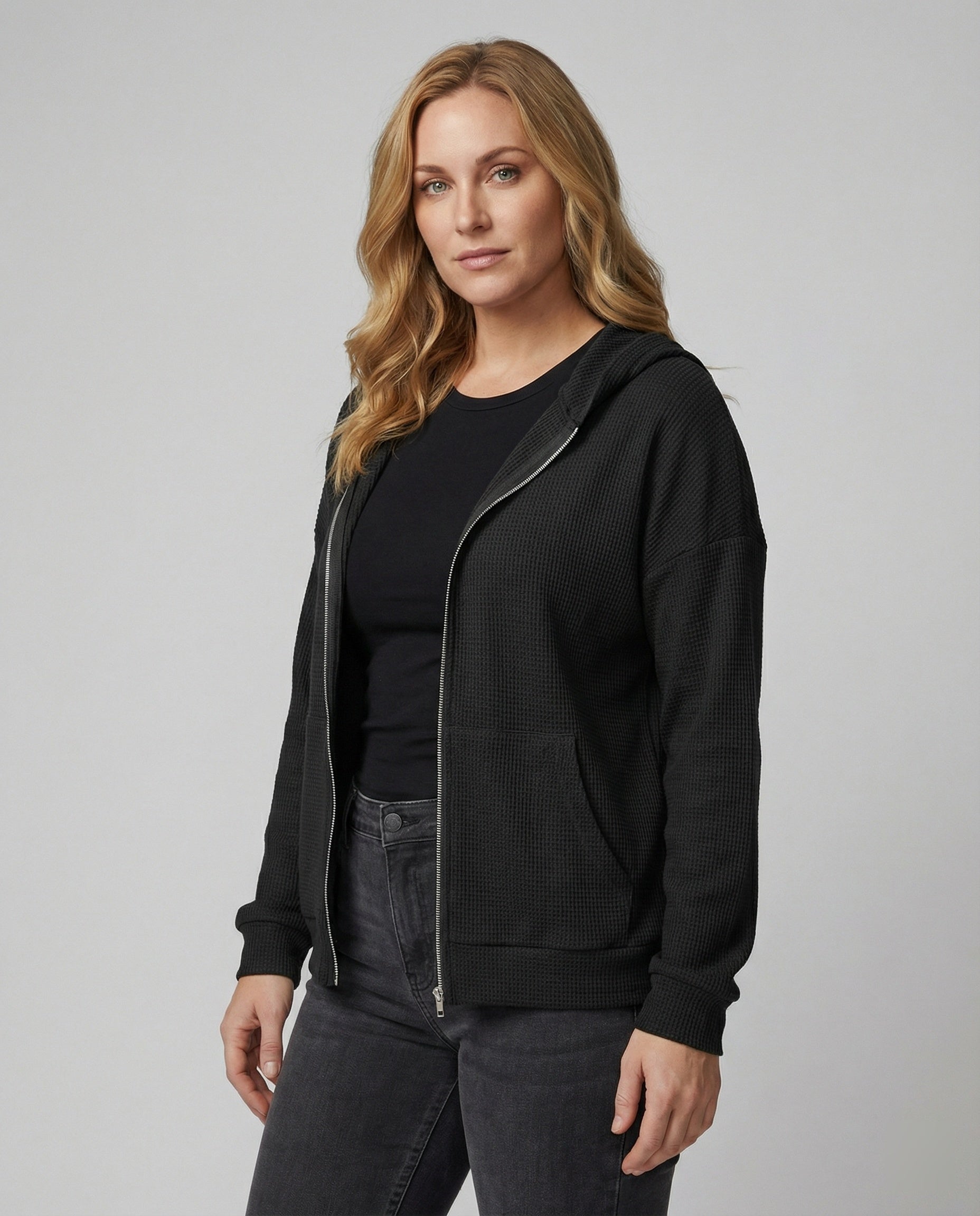 Damen Hoodie Jacke Lässig Waffle Mit Reißverschluss - BerlinGlamour