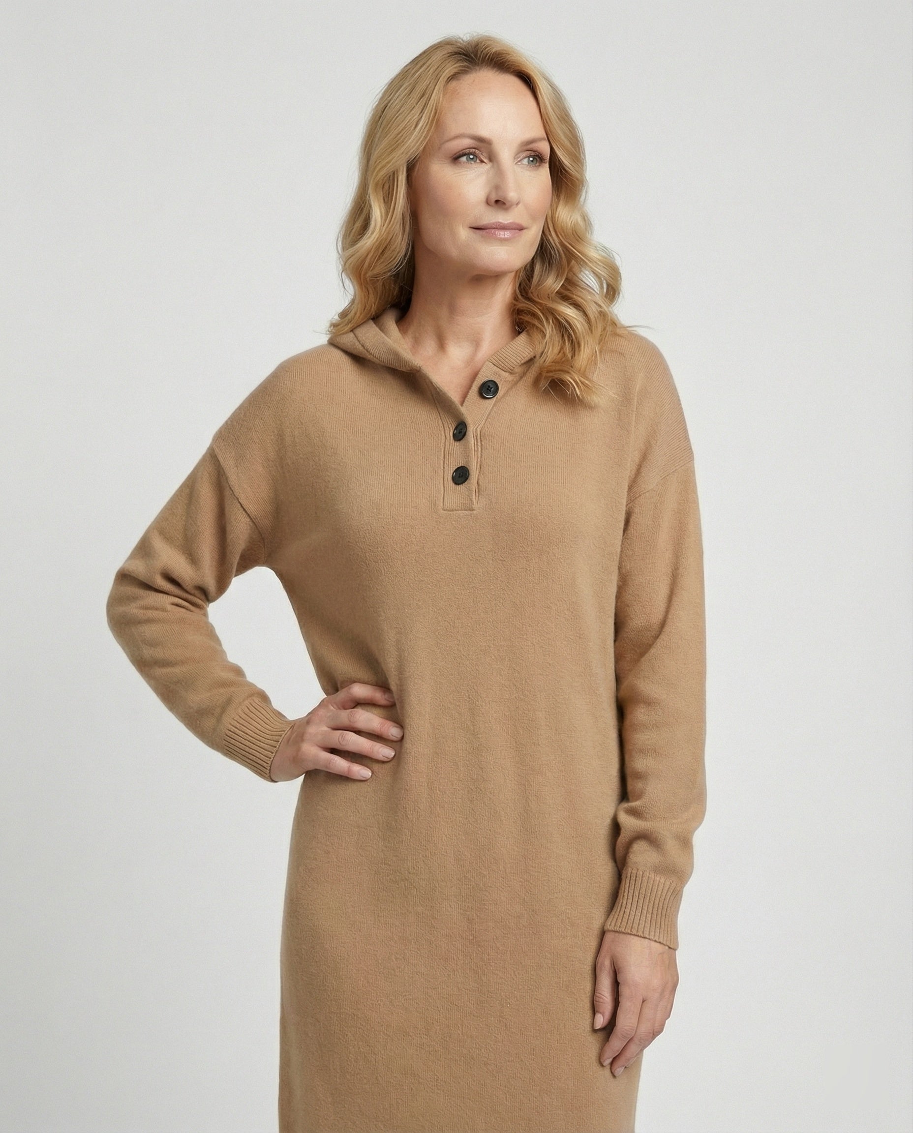 Damen Hoodie-Kleid Weich Kapuzenkleid mit Knöpfen Damenmode - BerlinGlamour