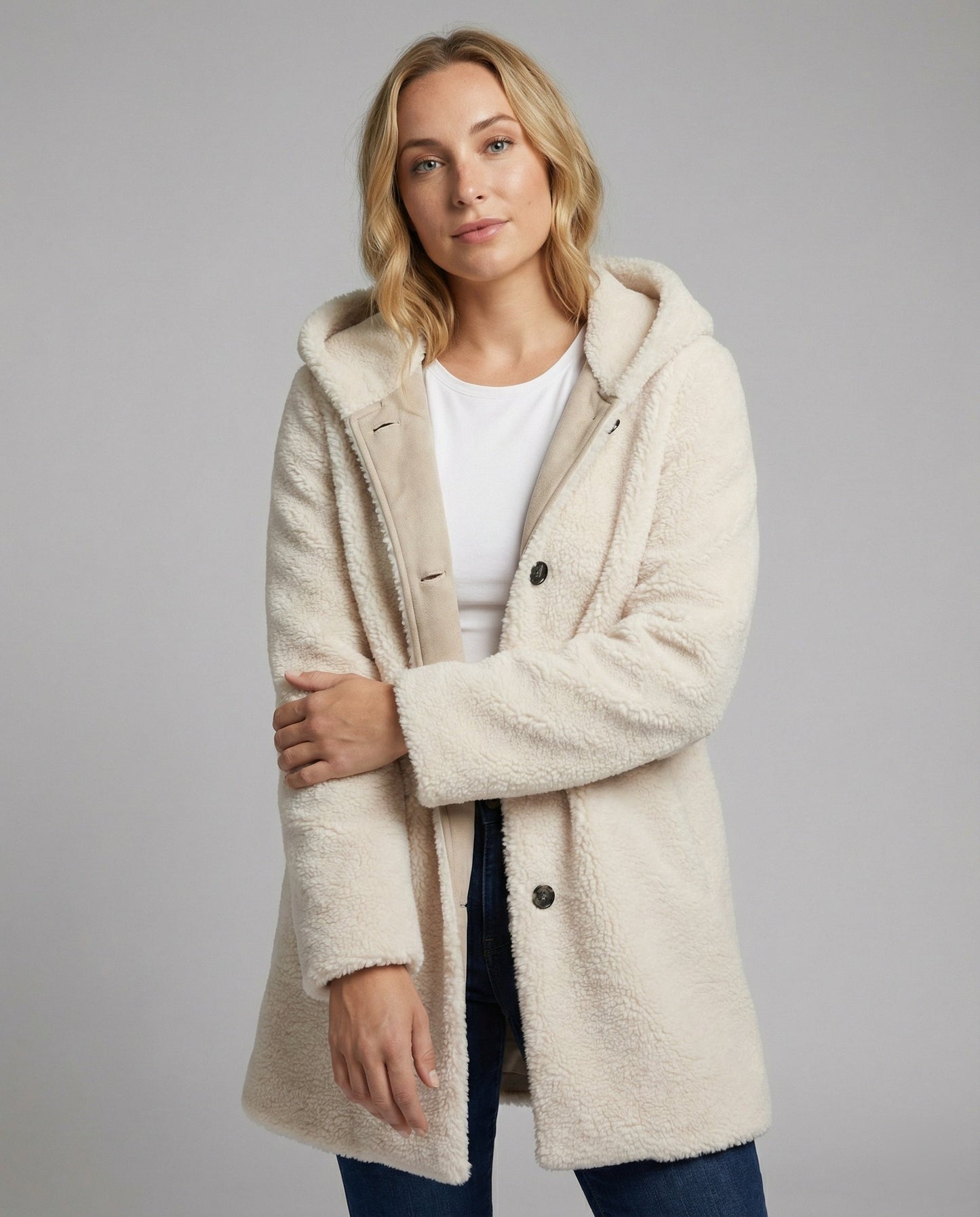 Teddy Mantel Oversized Kapuze Knopfverschluss Mittellang