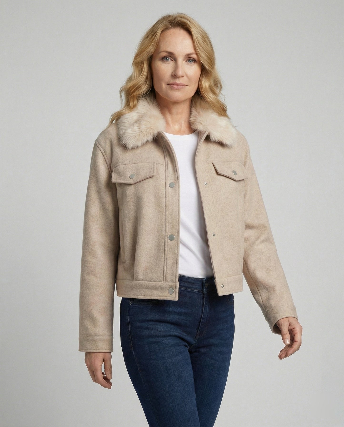 Damen Wolljacke Kunstfellkragen Warm Elegant