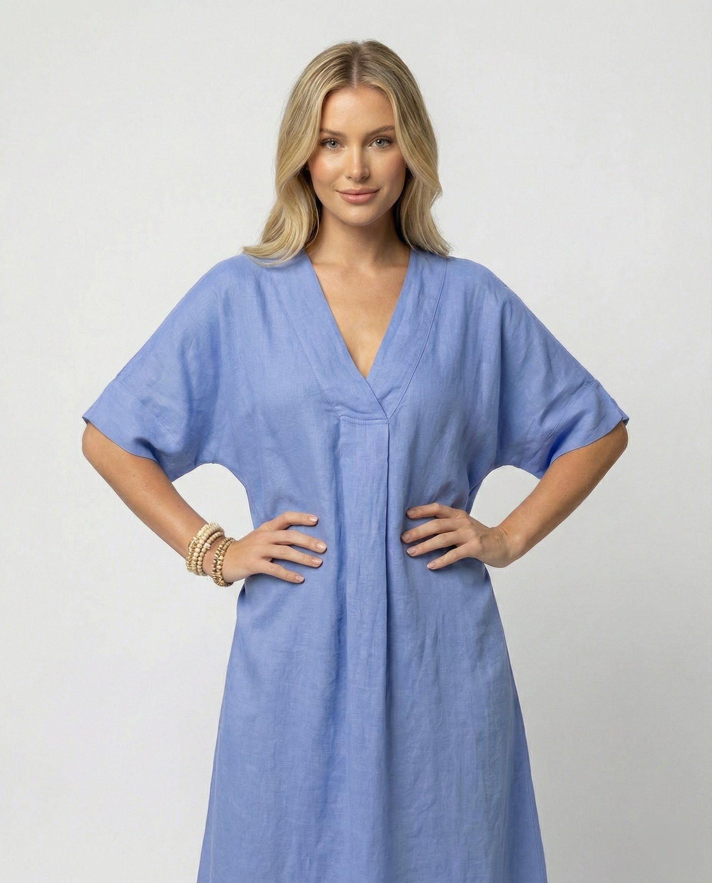 Damen Leinen Maxikleid V-Ausschnitt Weit Ärmel Sommerkleid - BerlinGlamour