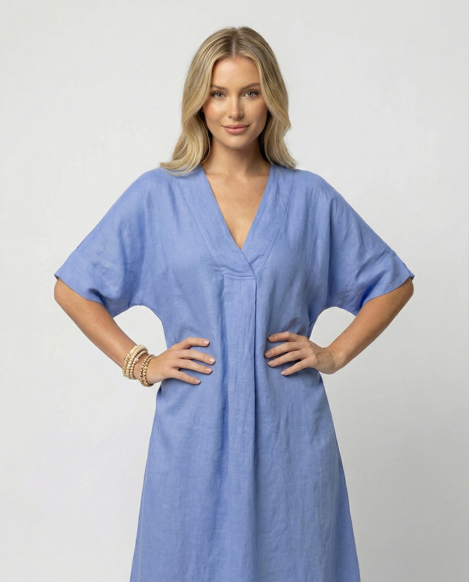 Damen Leinen Maxikleid V-Ausschnitt Weit Ärmel Sommerkleid - BerlinGlamour