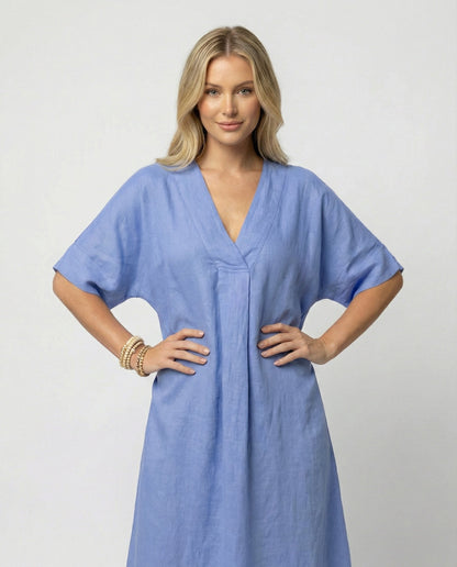 Damen Leinen Maxikleid V-Ausschnitt Weit Ärmel Sommerkleid - BerlinGlamour