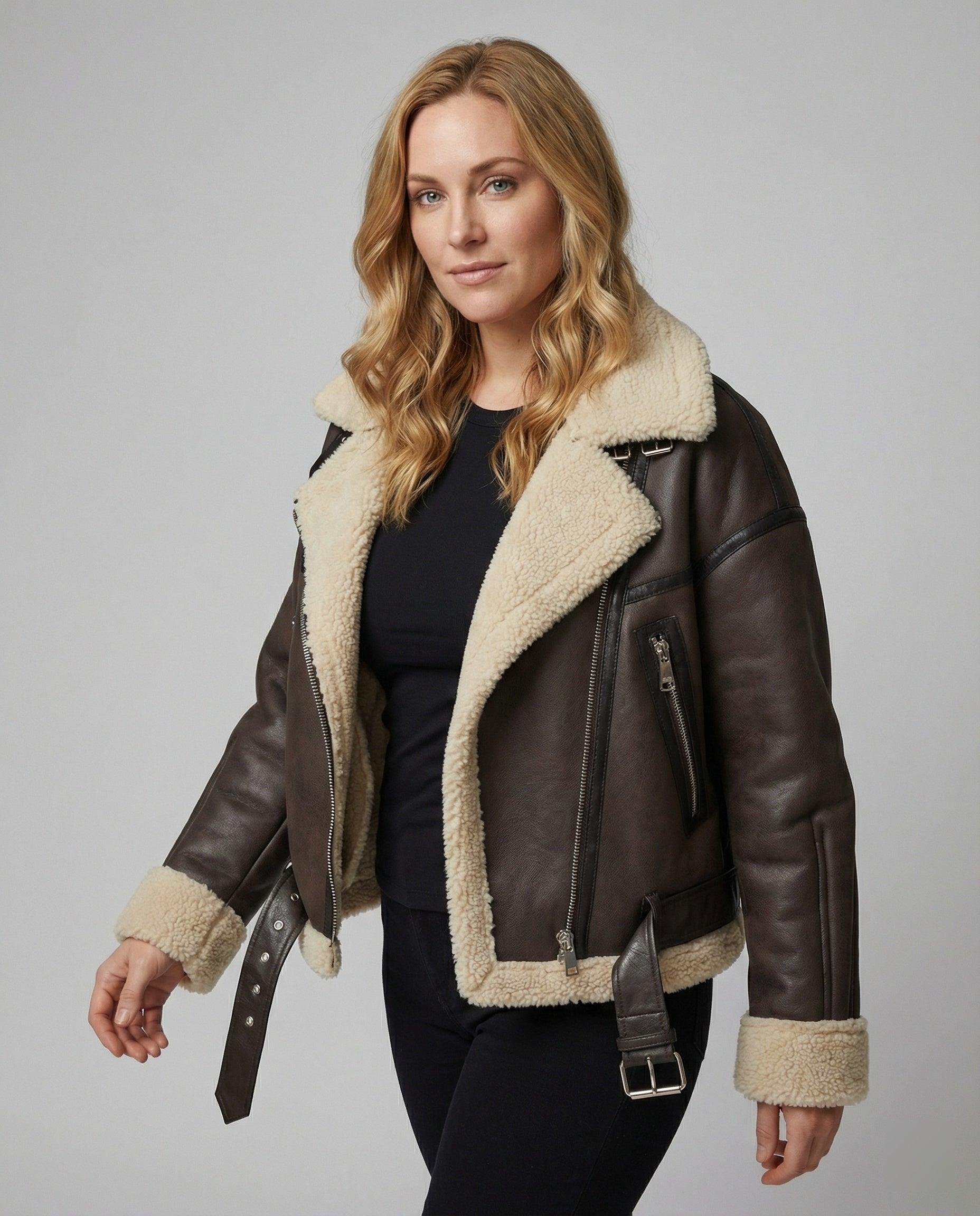 Lederjacke Damen Lang Teddyfutter Gürtel Schwarz - BerlinGlamour