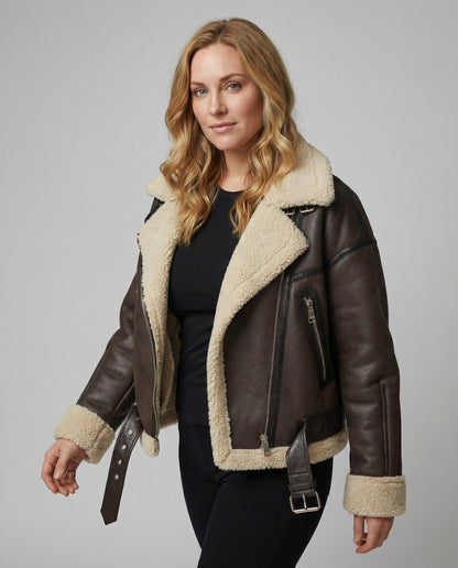 Lederjacke Damen Lang Teddyfutter Gürtel Schwarz - BerlinGlamour