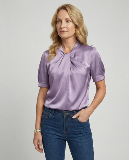 Damen Bluse Top mit Krawattenkragen Elegante Satin - BerlinGlamour