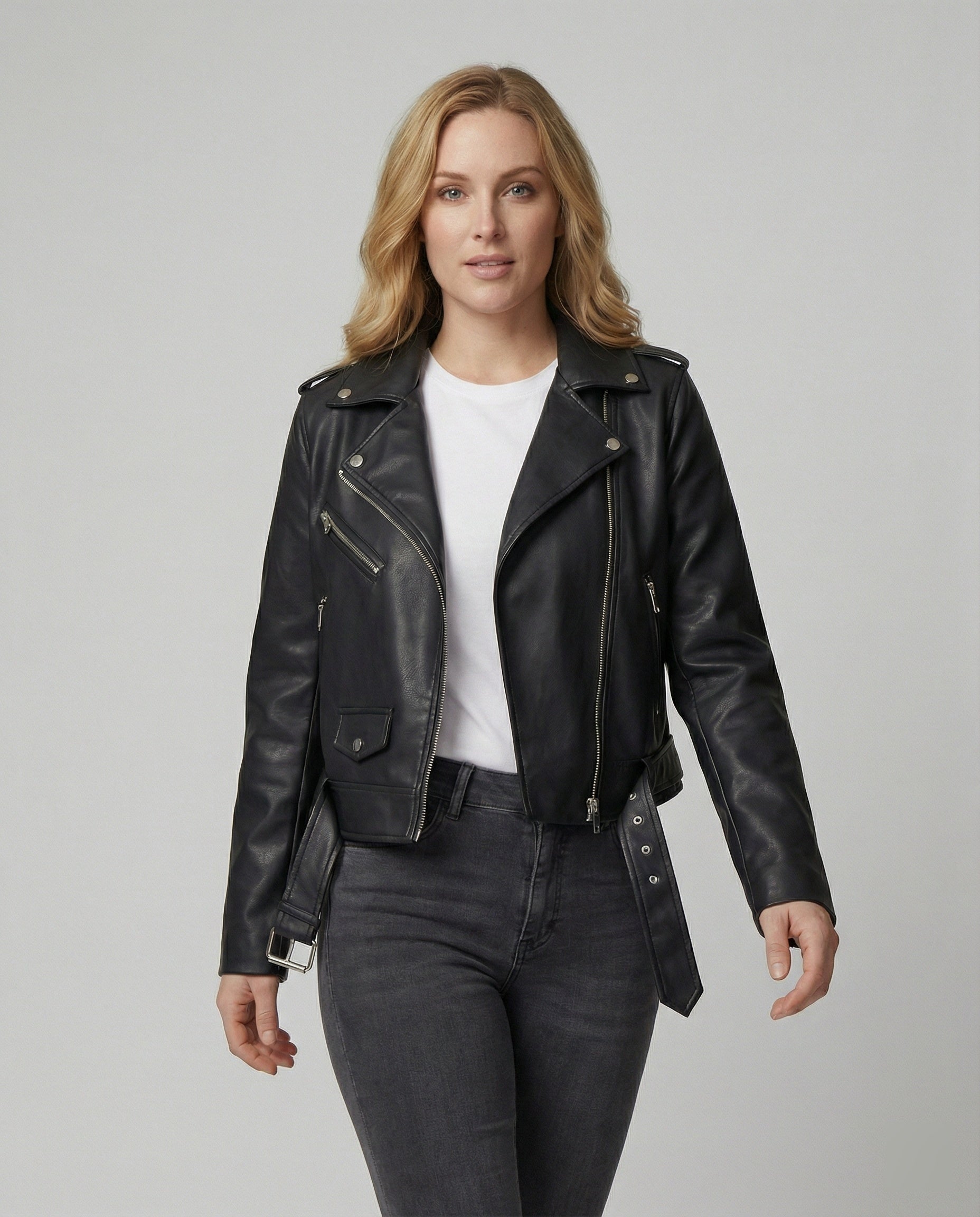 Damen Lederjacke Biker Stil Modern Lederoptik - BerlinGlamour
